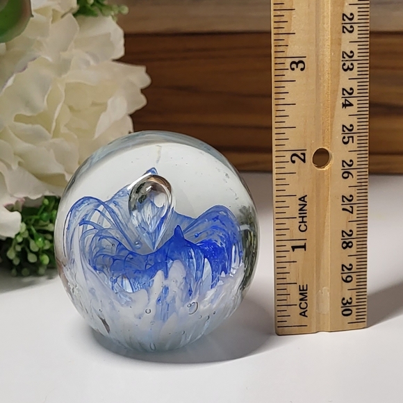 Blown Glass Paperweight - white, cobalt blue and clear glass, Bubble - Picture 7 of 7